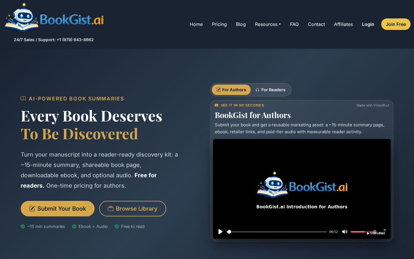 Top fold of the Published Book Summary website