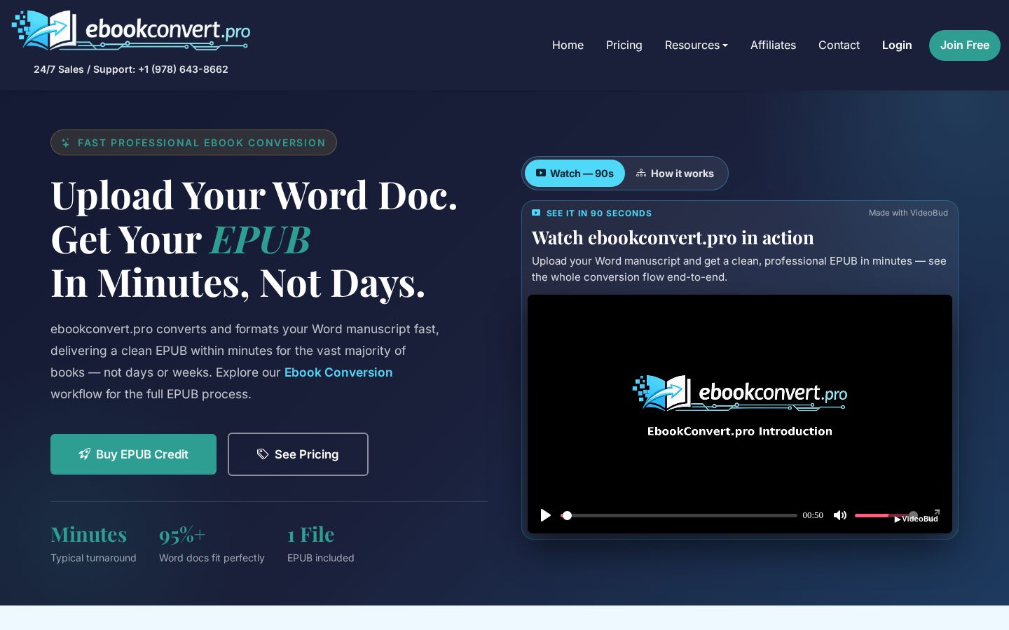 Top fold of the Ebook Conversion website