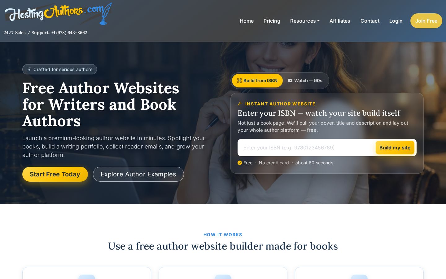 Top fold of the Book / Author Website Hosting website