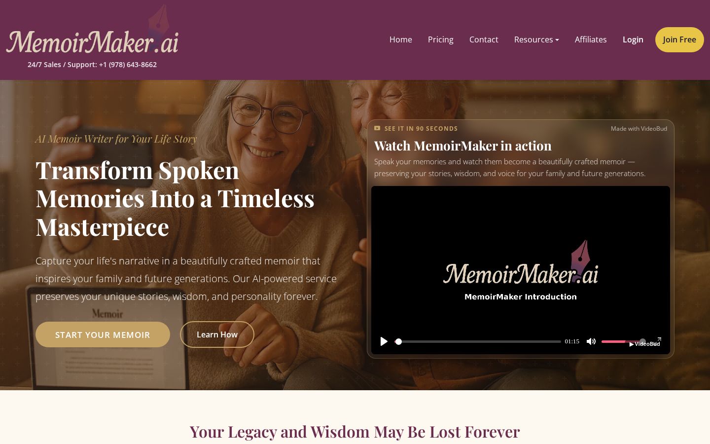 Top fold of the AI Memoir Creation website