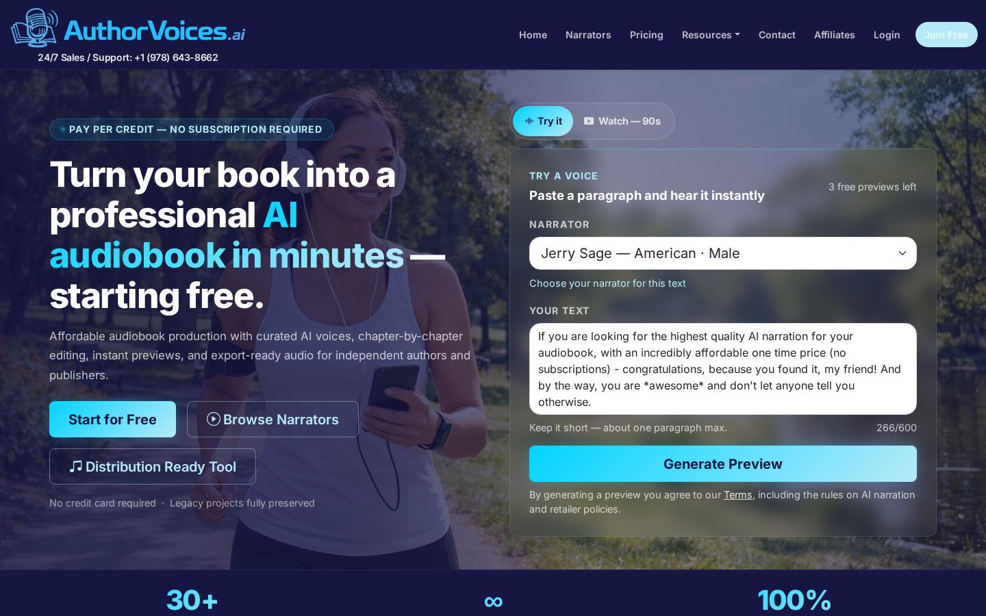 Top fold of the AI Audiobook Creation website