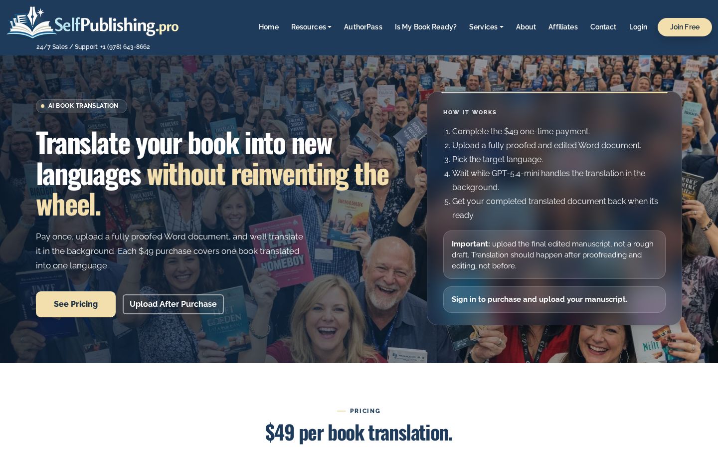 Top fold of the AI Book Translation Service website