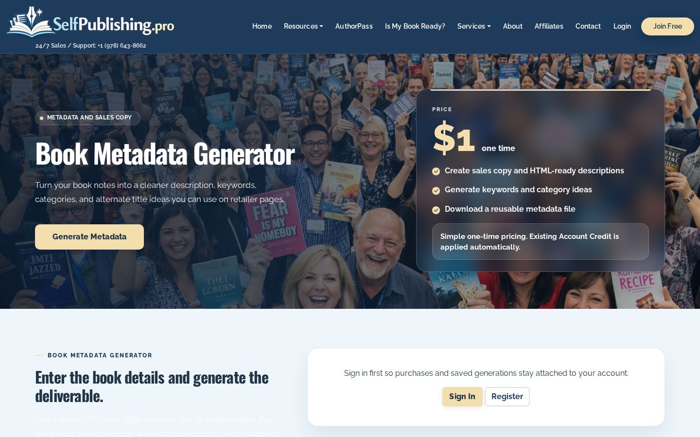 Top fold of the Book Metadata Generator website