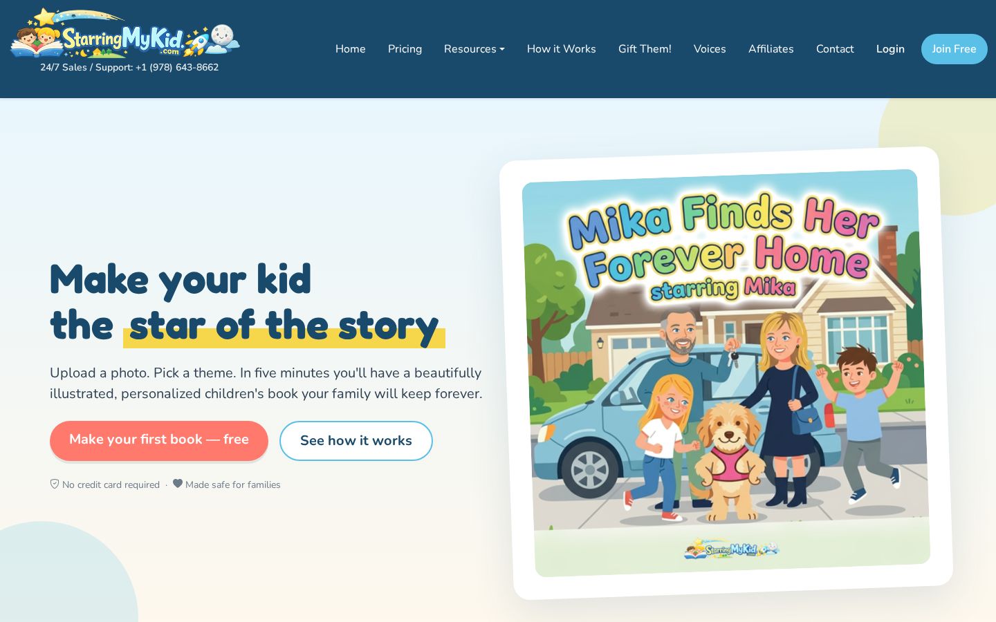 Top fold of the Create Custom Children's Books website