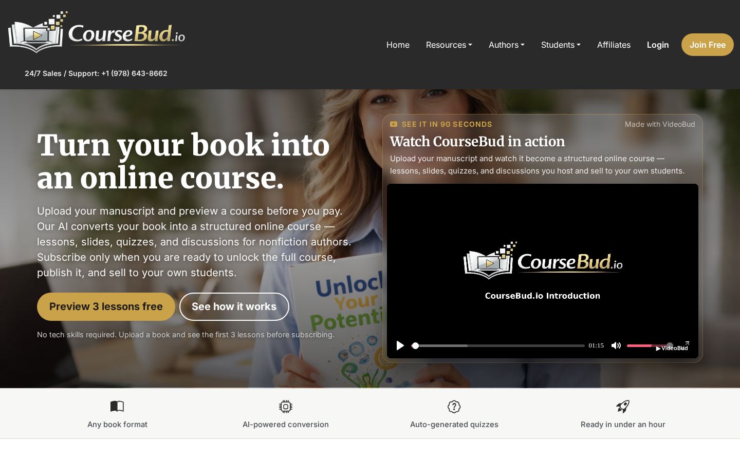 Top fold of the Your Non-Fiction Book as a Revenue-earning Online Course website