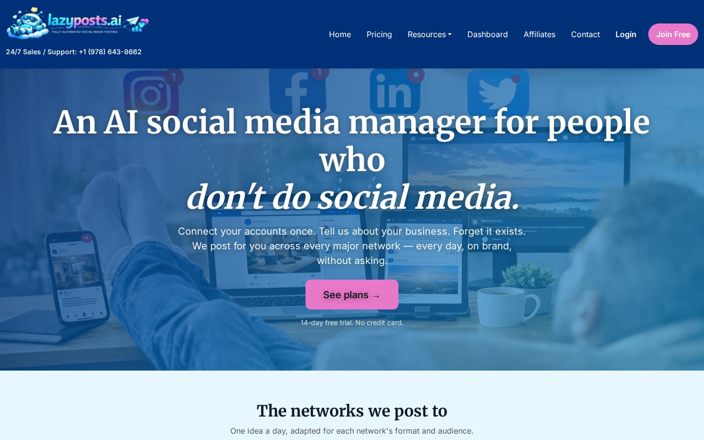 Top fold of the Zero Effort Social Media Posting website
