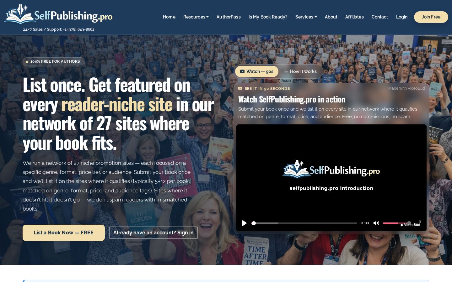 Top fold of the List Your Book for Free on Multiple Reader Websites website