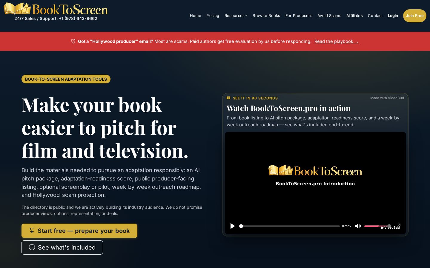 Top fold of the BookToScreen.pro website