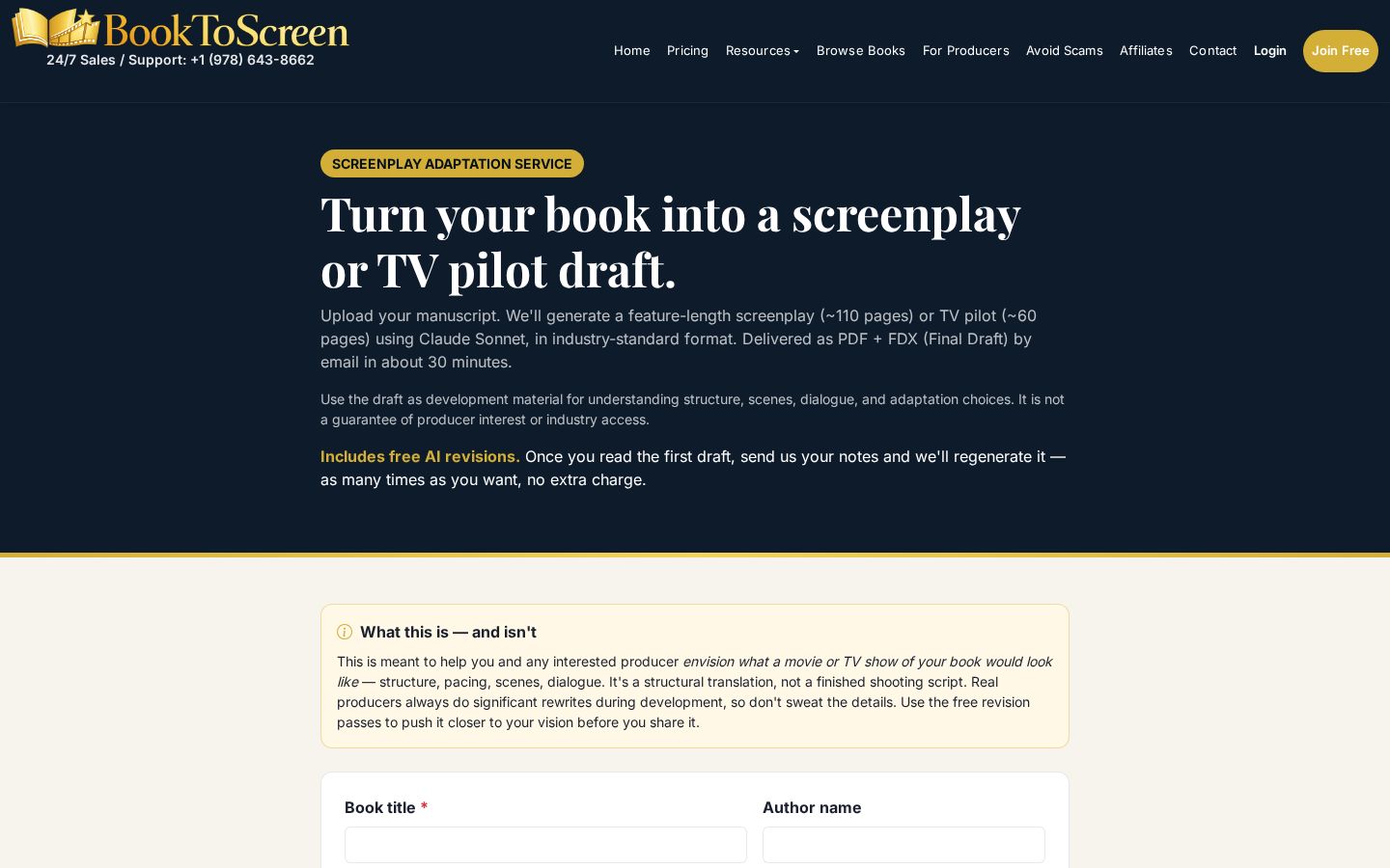 Top fold of the A Screenplay from Your Book website