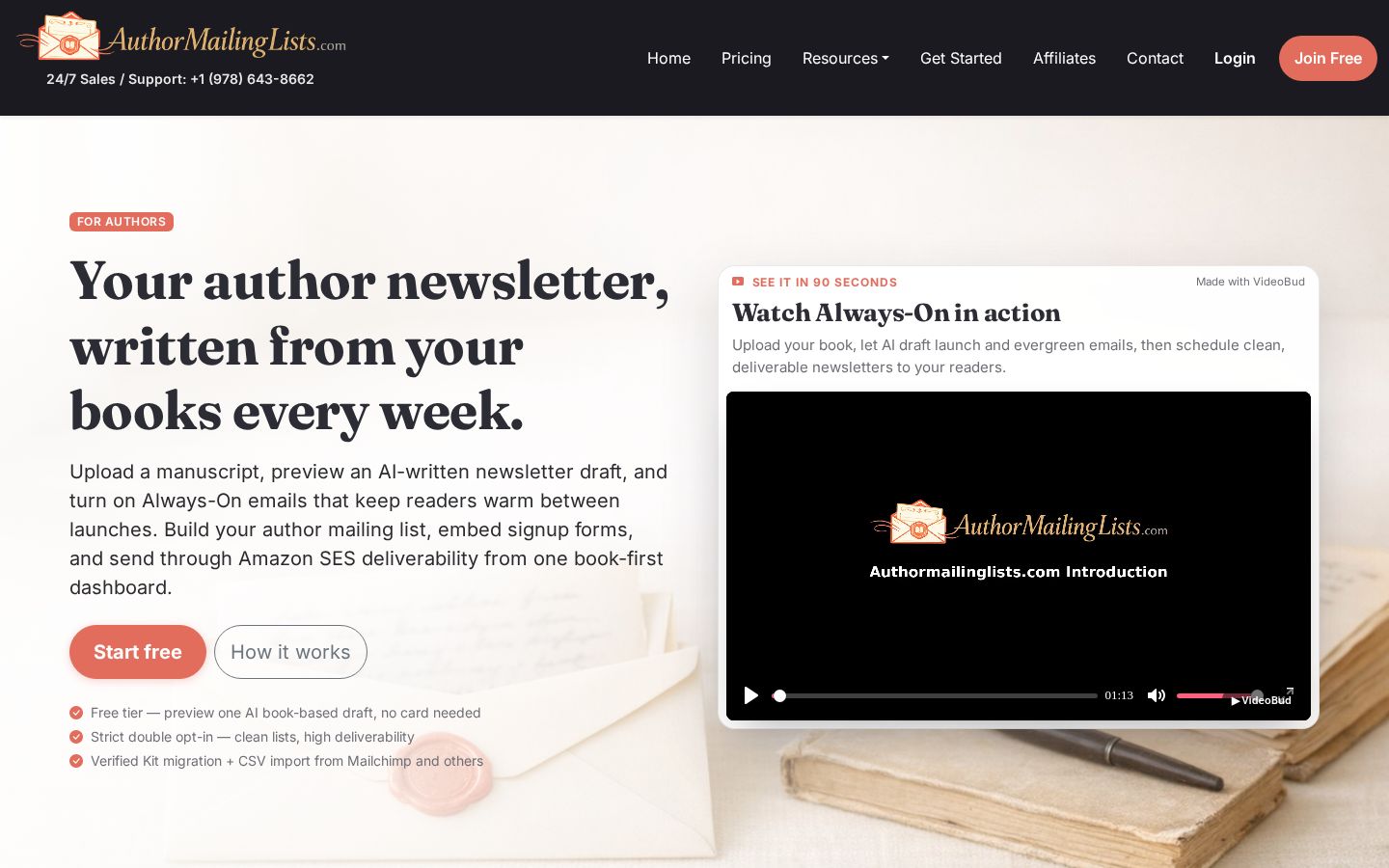Top fold of the AI-Driven Author Mailing Lists website