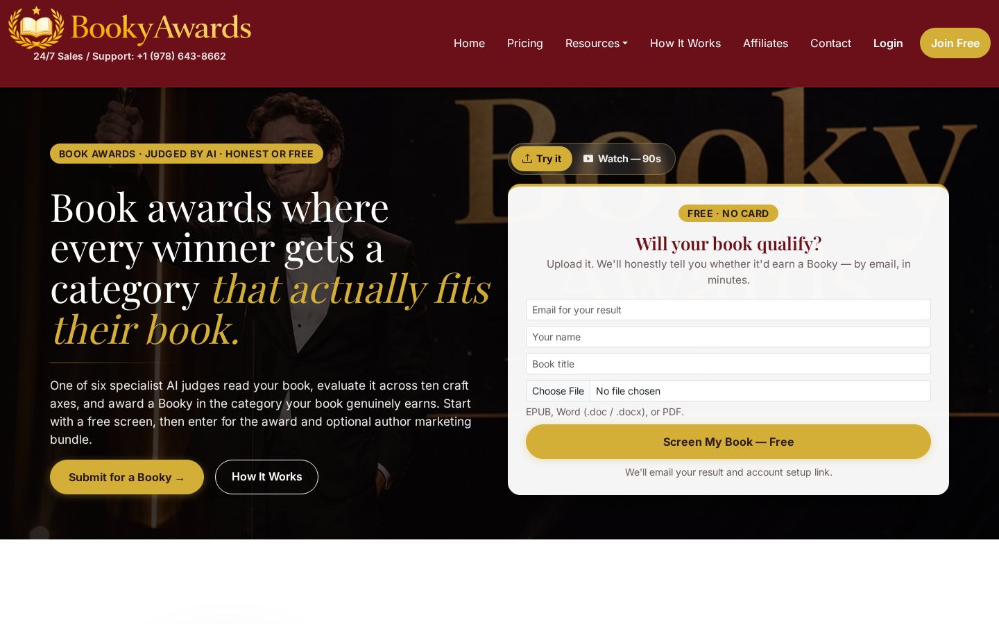 Top fold of the Booky Awards website