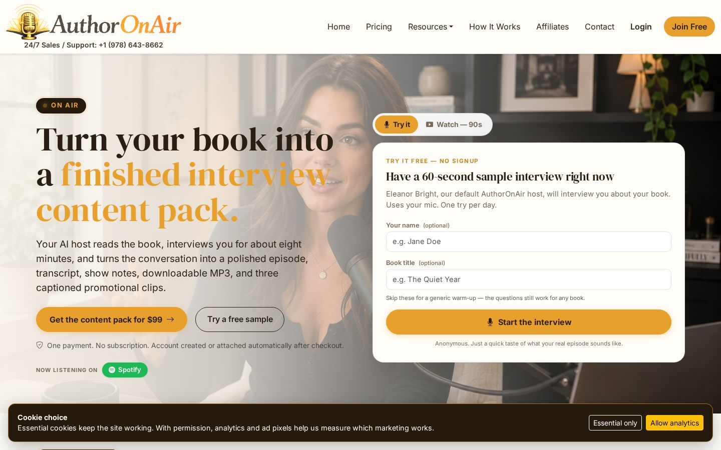 Top fold of the Author On Air website
