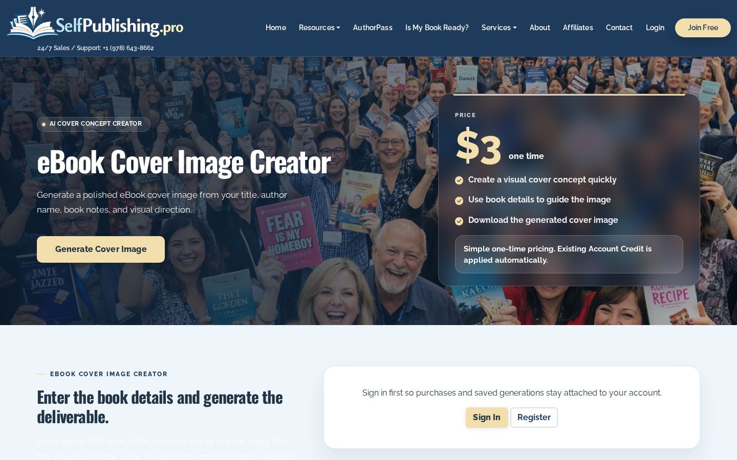 Top fold of the eBook Cover Image Creator website