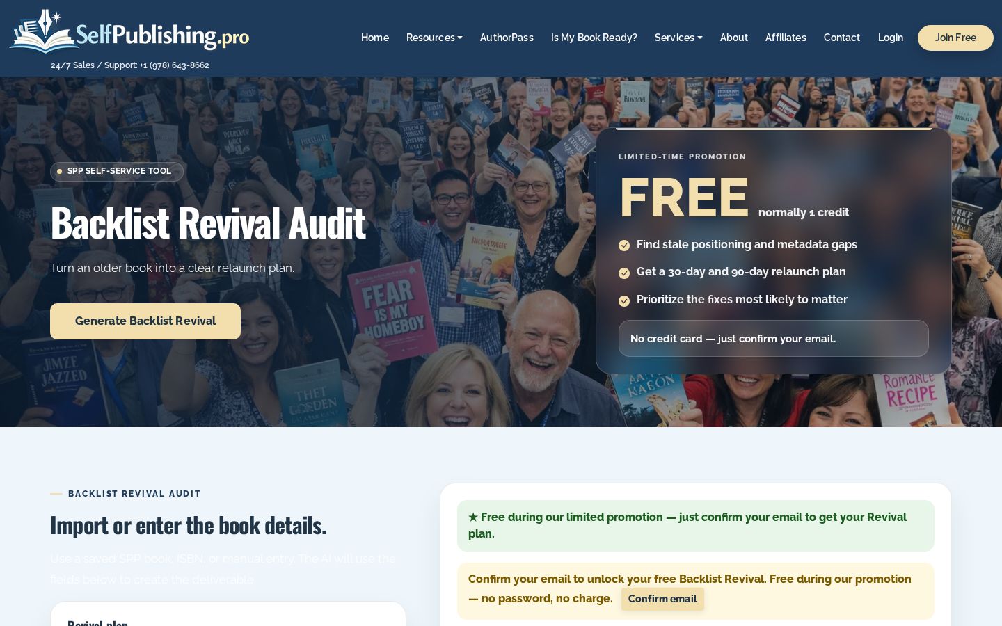 Top fold of the Backlist Revival Audit website