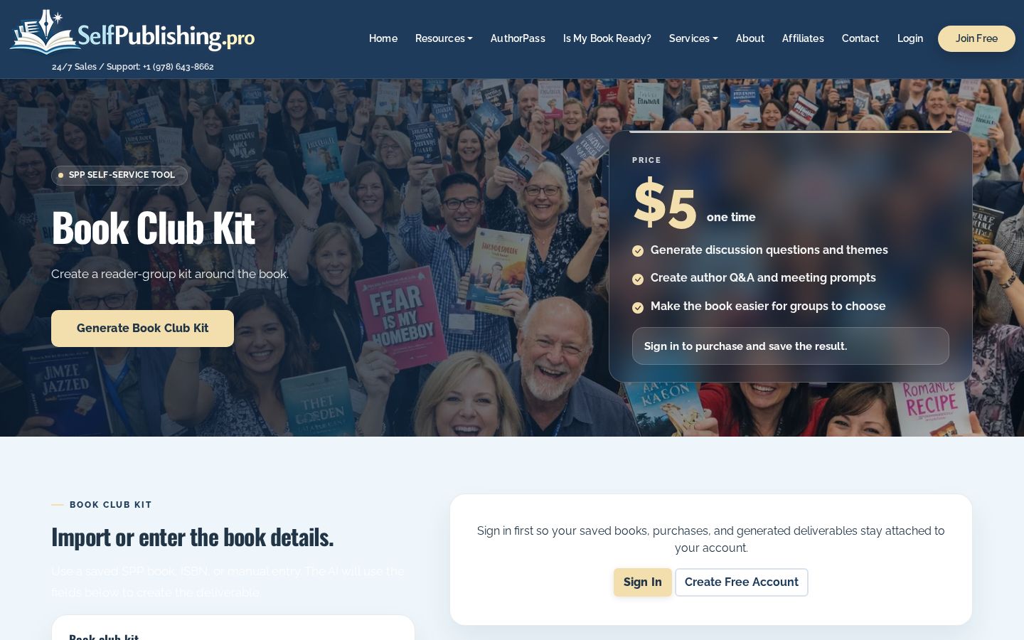 Top fold of the Book Club Kit website