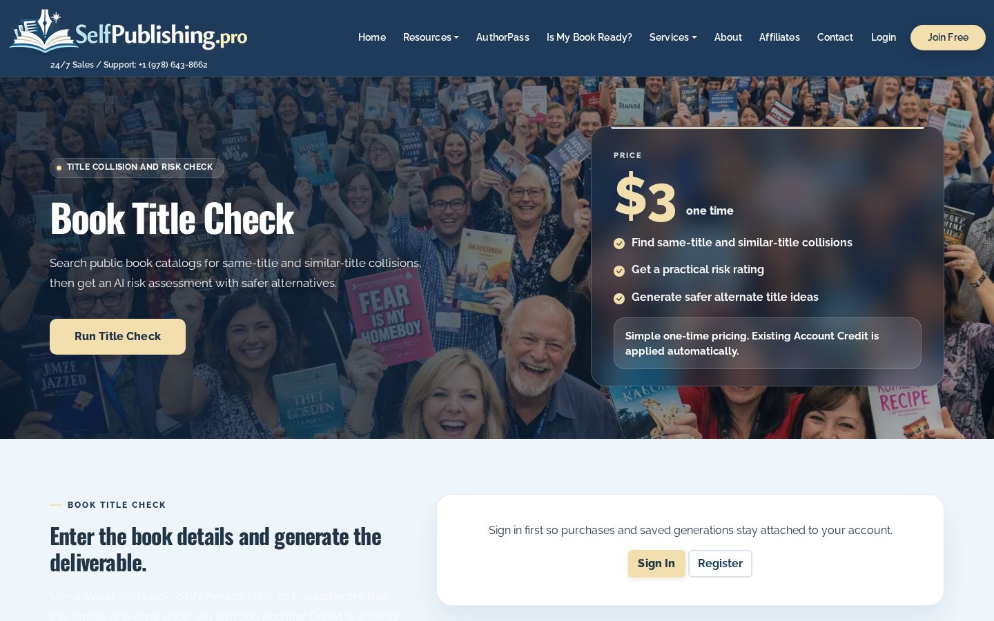 Top fold of the Book Title Check website