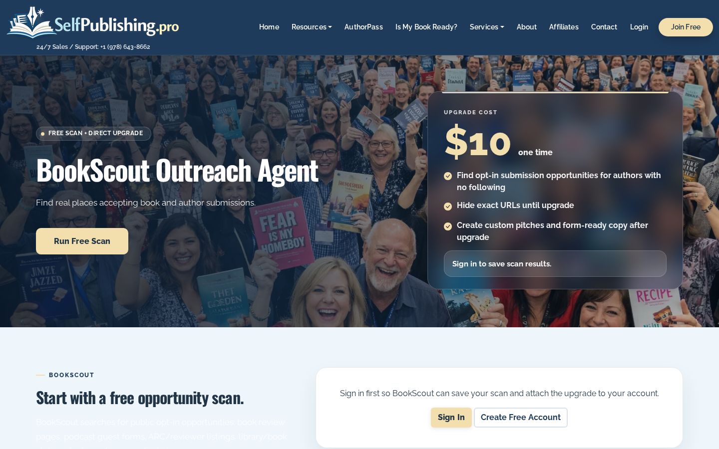 Top fold of the BookScout Outreach Agent website