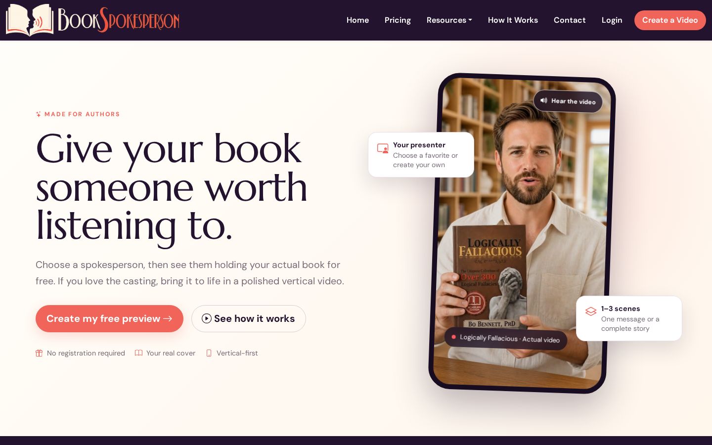 Top fold of the Your Own SpokesPerson for Your Book website