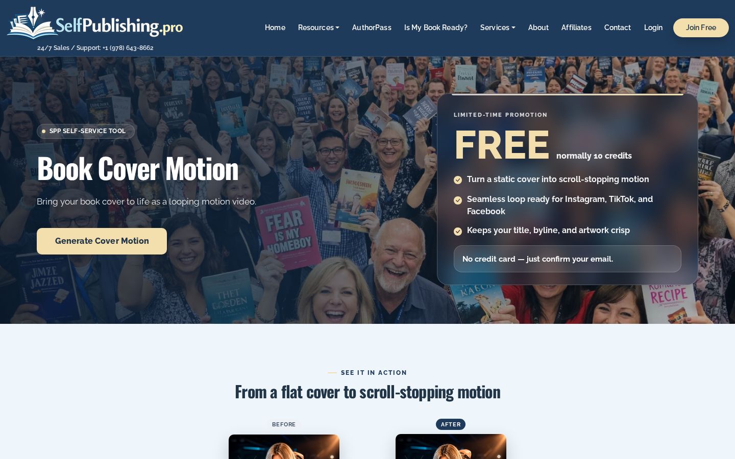 Top fold of the Book Cover Motion website