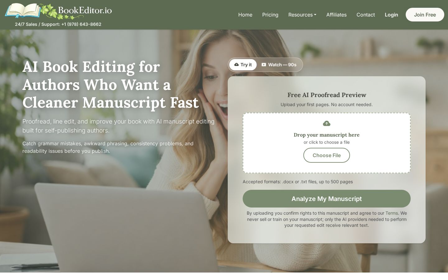 Top fold of the Book Editing / Proofreading website